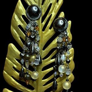 Vintage Clip on Black and Gold Beaded Long Dangle Clip on Earrings